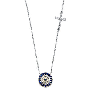 W Gold CZ Evil Eye + CZ Cross Chain Necklace - 17+1 IN"